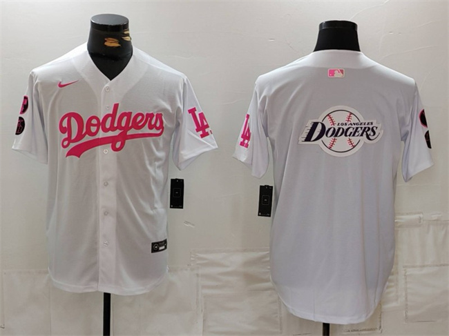 Men's Los Angeles Dodgers Team Big Logo White/Pink Vin & Kobe Patch Stitched Baseball Jersey Men's Los Angeles Dodgers Team Big Logo White/Pink Vin & Kobe Patch Stitched Baseball Jersey